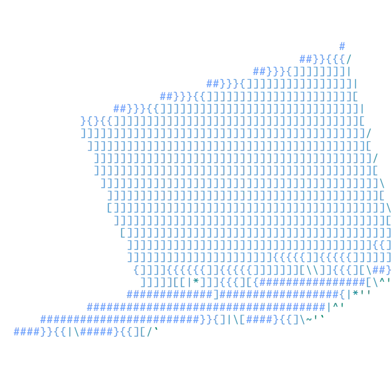 ASCII drawing of an open laptop in symbols, from blue to green