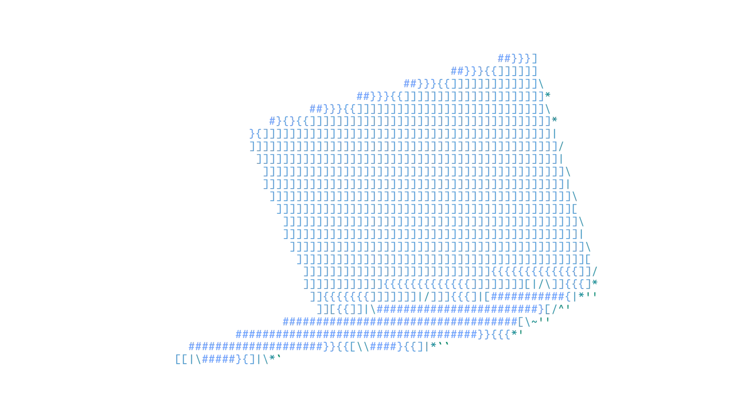 ASCII drawing of an open laptop in symbols, from blue to green