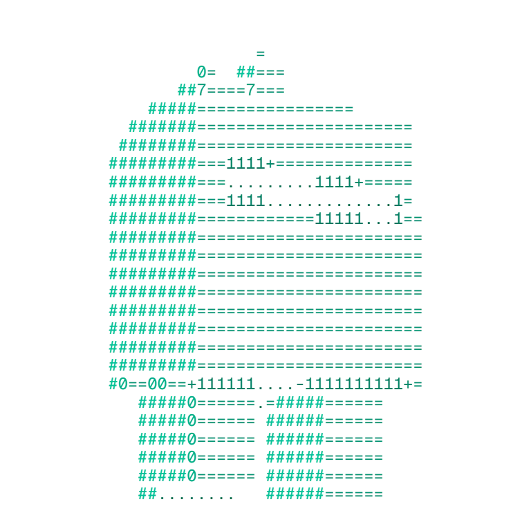 ASCII drawing of a small robot made of numbers, in mint green