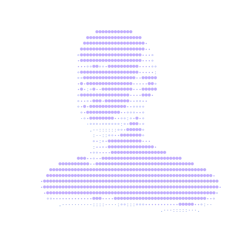 Desenho em ASCII de um rosto feito de pontos, iluminado por trás, luz violeta que some no azul escuro