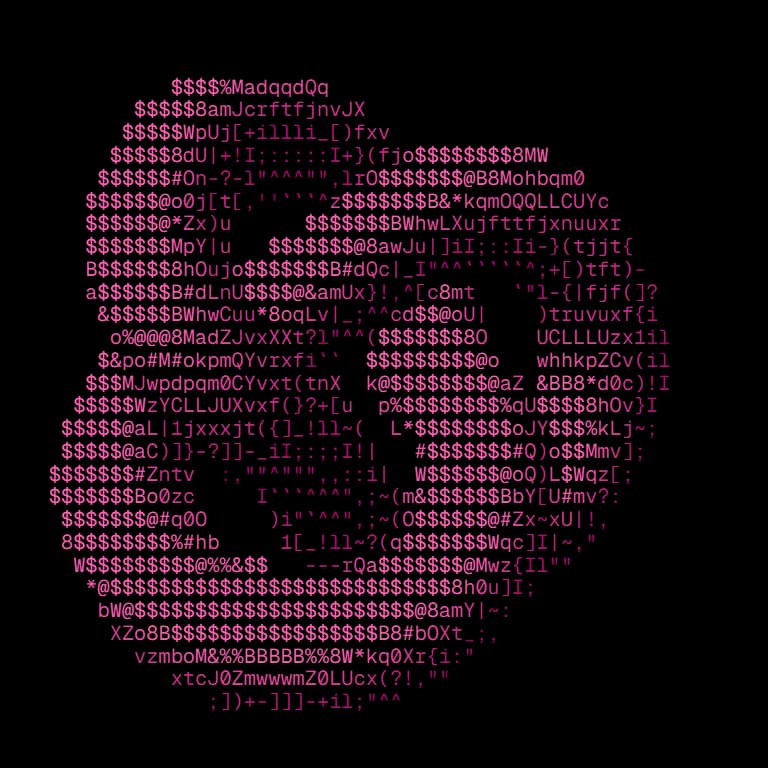 Desenho em ASCII de um nó em caracteres densos cor de rosa