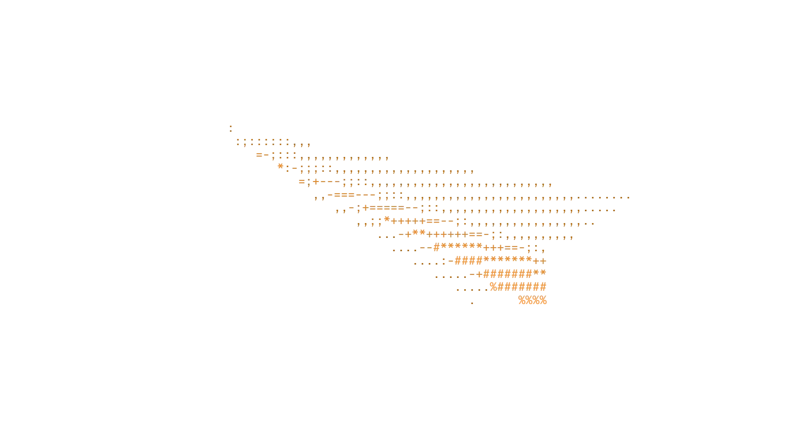Desenho em ASCII de um aviãozinho de papel visto de cima, em caracteres âmbar