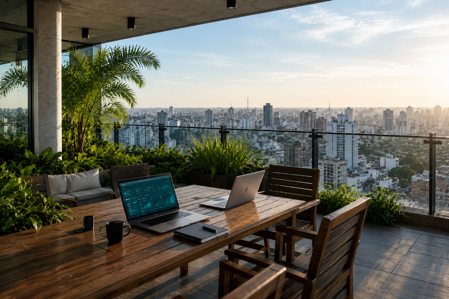 Laptops em terraço com skyline de São Paulo